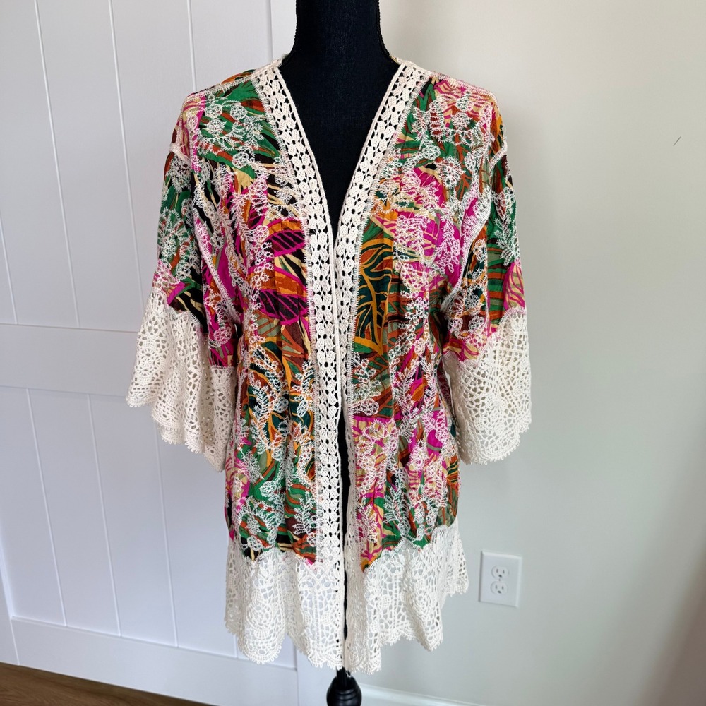 Democracy Tropical Floral Crochet Lace Kimono Cardigan Womens Size Medium
